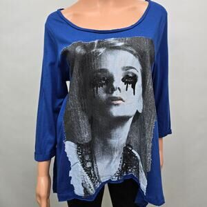 NWT Loop 18 Blue Graphic Tee Shirt 3/4 Long sleeve - Size 9/11 M Goth Streetwear
